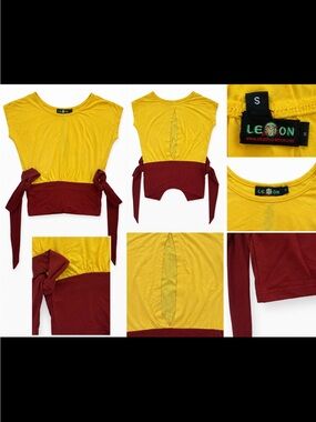 LEMON Yellow and Maroon Tie-Waist Cutout Crop Top